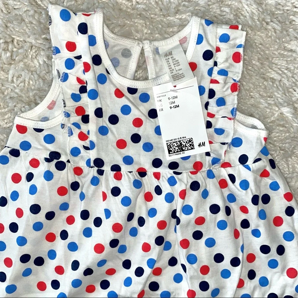 H&M Baby Ruffle-Trimmed Red & Blue Polkadot Short Sleeve Dress Size 9-12M NWT